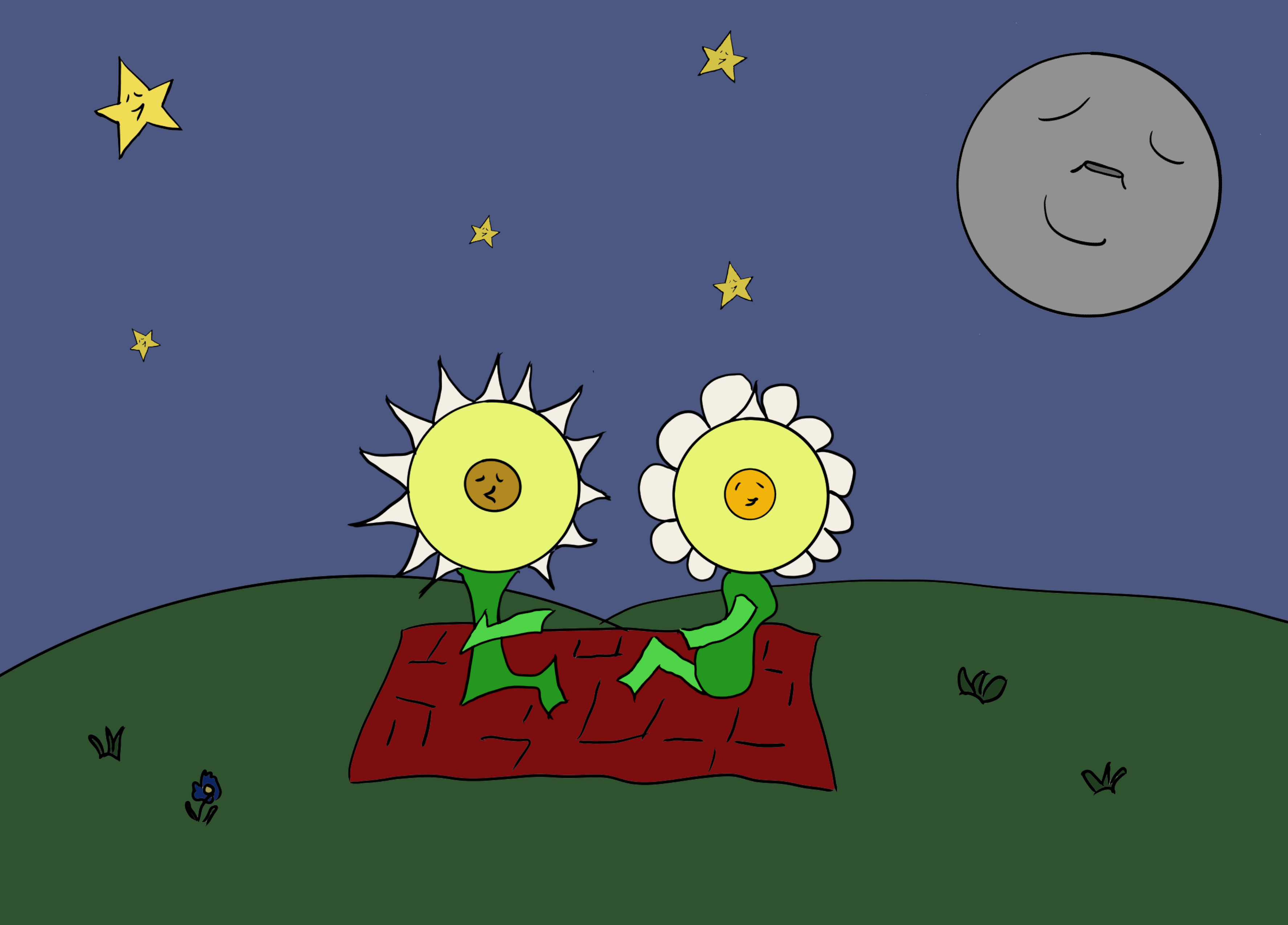 Two smiling sunflowers stand on a green hill at night, beside a red brick path, under a blue sky with a crescent moon and stars.