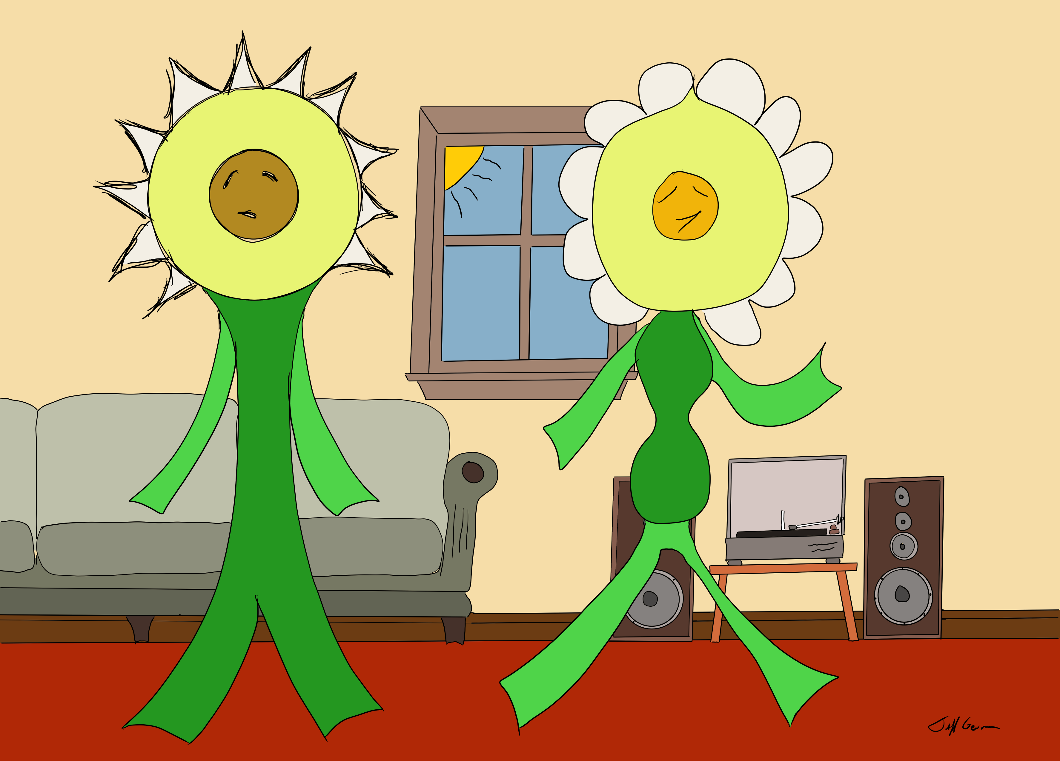 Two green flower-headed cartoon people stand in a living room with a couch, window, and stereo around them; one has a sunflower head, the other a daisy head.