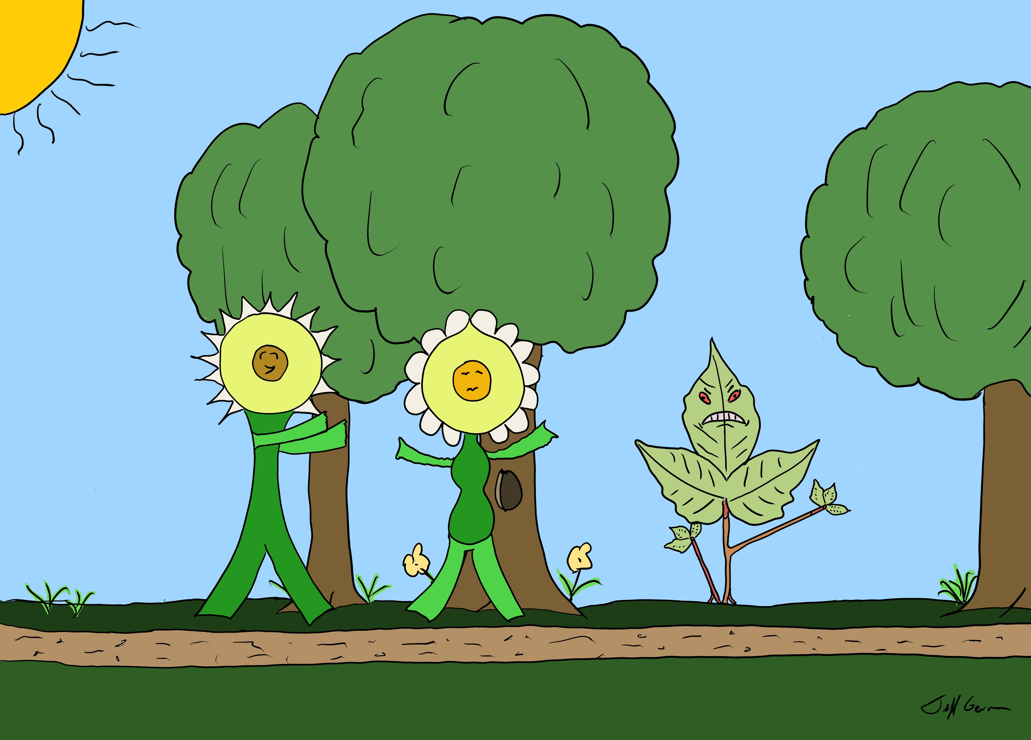 Cartoon of two people with flower heads walking in a sunny park under green trees.