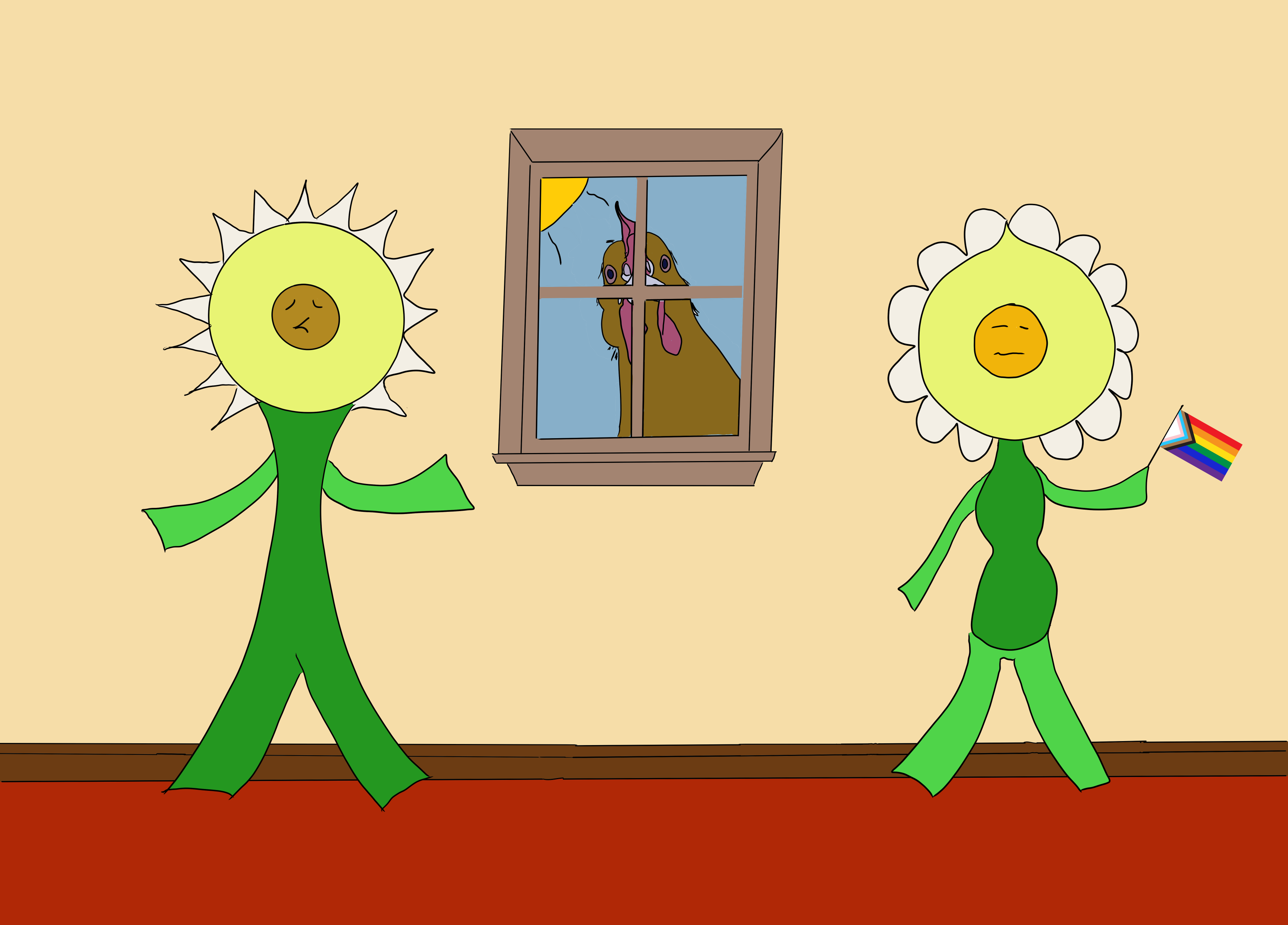Two cartoon sunflowers in green outfits walk along a red carpet as a brown chicken looks out from a window between them; a rainbow flag sits to the right.