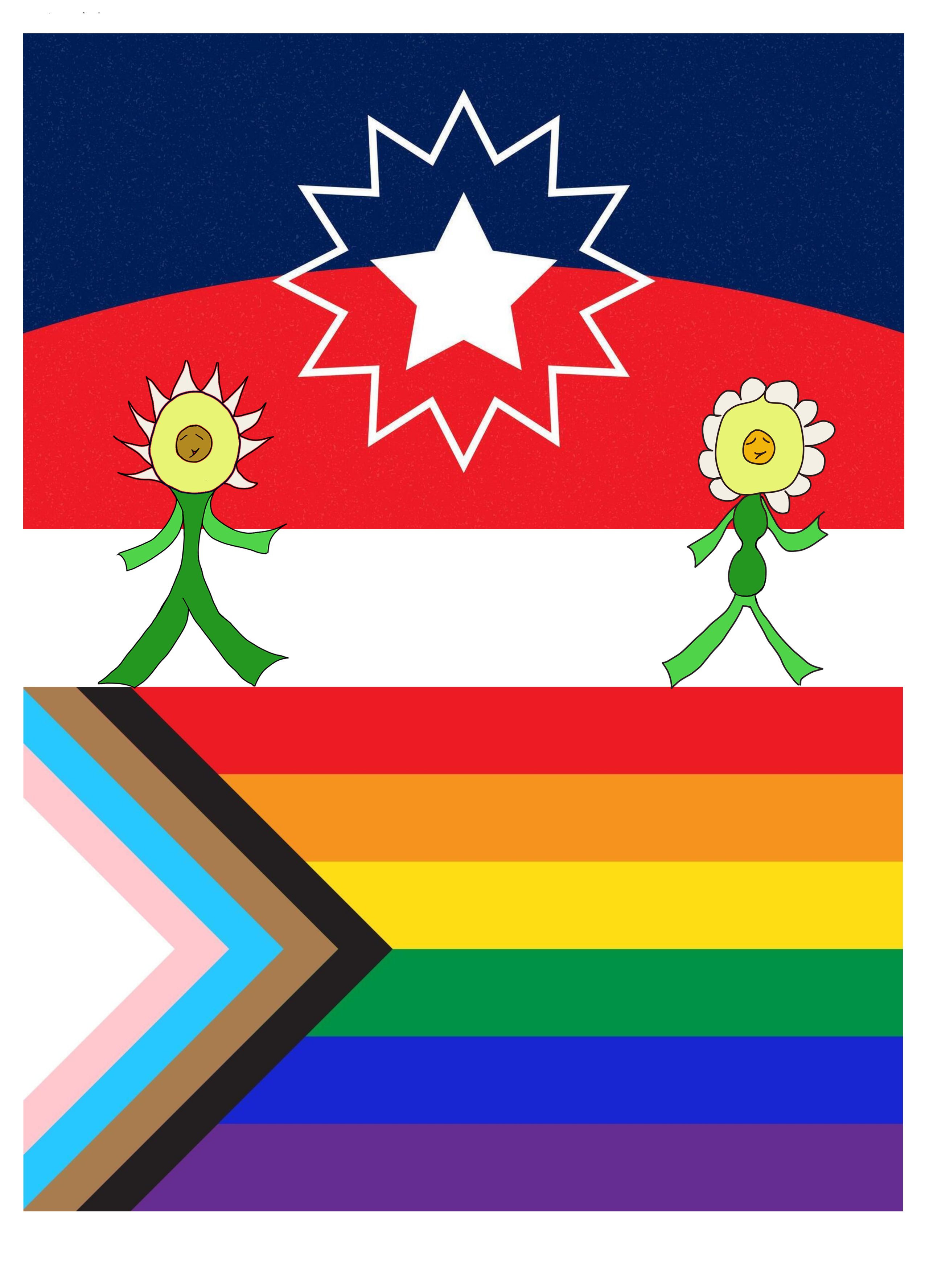 Flag-like design with blue top, red bottom, white starburst centerpiece, two cartoon flowers on the red field, and diagonal rainbow stripes in the corner.
