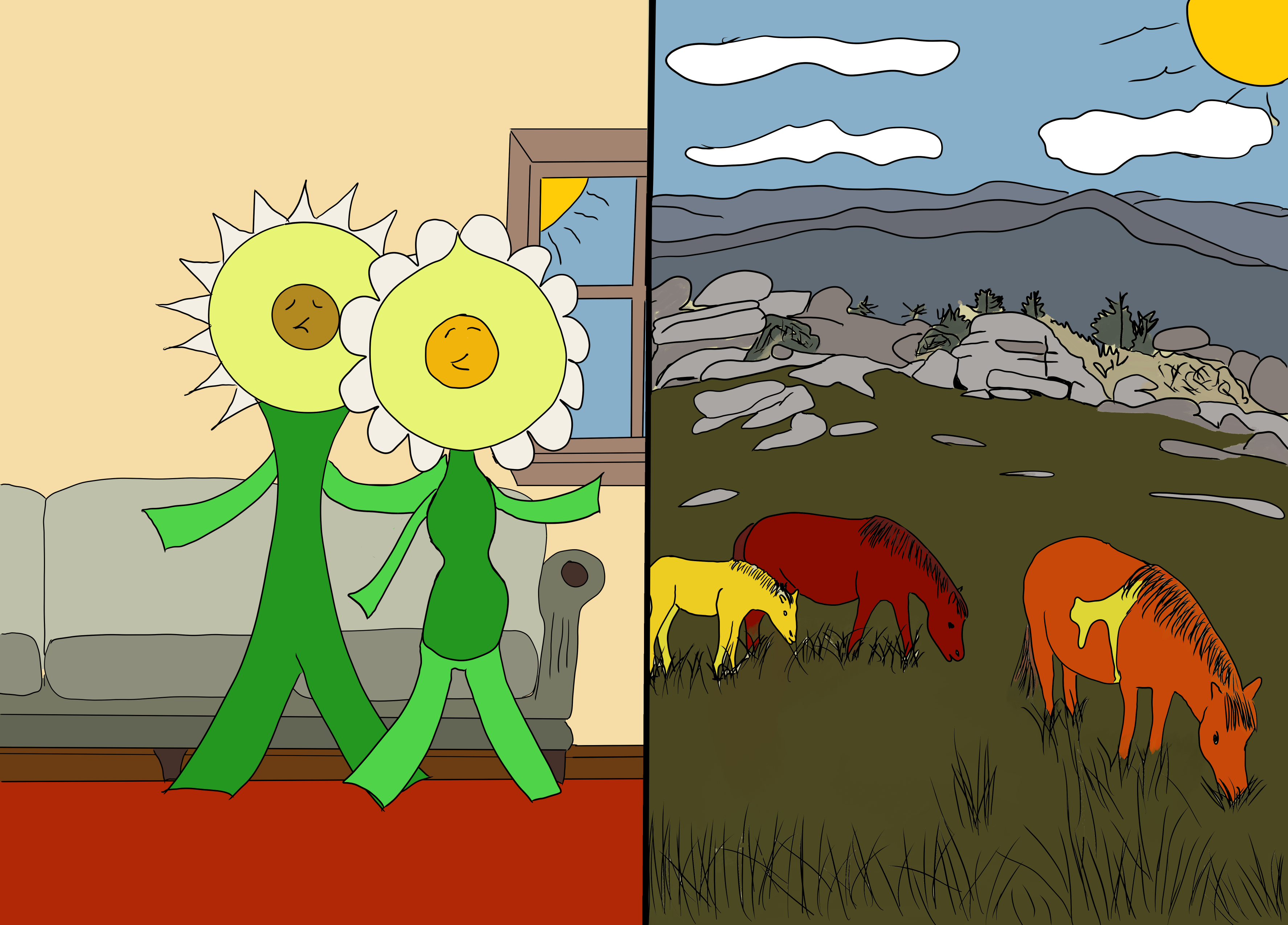 Cartoon split-view: left side shows two smiling sunflowers with green stems in front of a window and a couch, beige background; right side shows a rocky hillside landscape with grazing horses under a bright sun and blue sky with clouds.